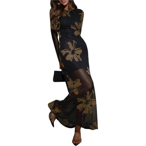 Women's Mesh Sleeve Maxi Dress Elegant Black - Picture 1 of 6